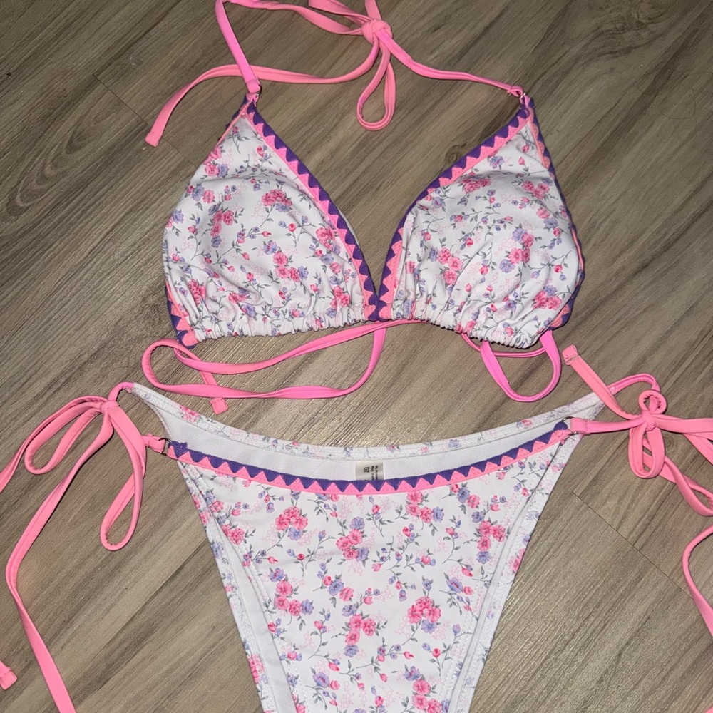 Floral Pink And Purple Triangle String Bikini Set